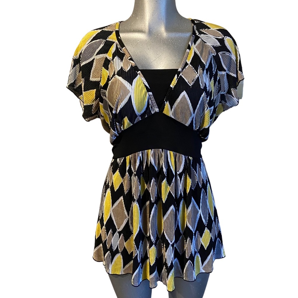 Women’s Geometric Print V-Neck Blouse in Black, Yellow & Gray - Picture 1 of 7